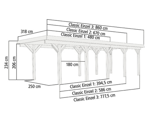 Enkele carport Karibu Dahnen 1 variant A 318x480 cm drukgeïmpregneerd