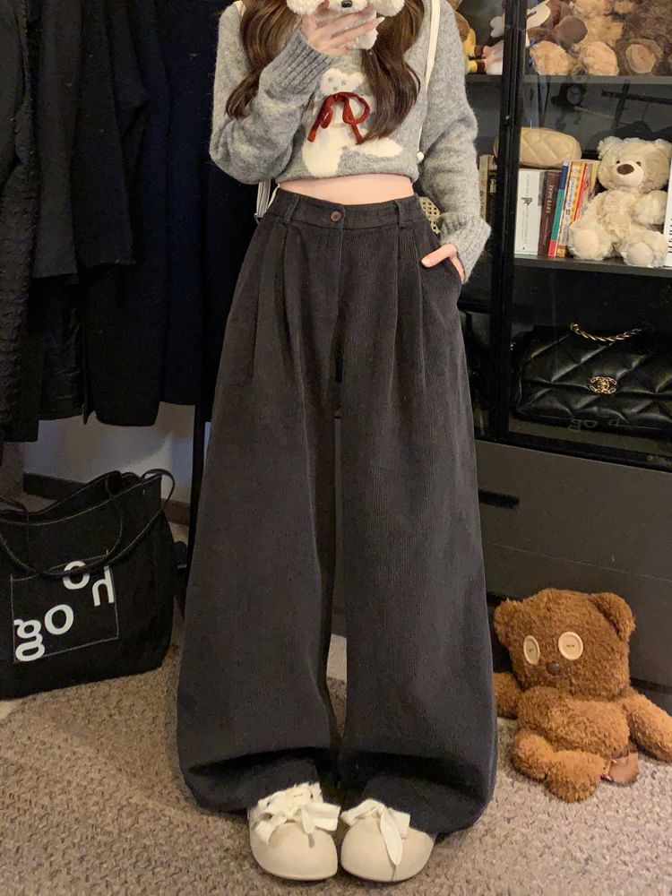 Flowerisque - Hoge taille effen corduroy broek met wijde pijpen