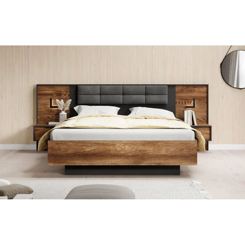 Meubella - Tweepersoonsbed Mulvey - Eiken - Antraciet - 160x200 cm