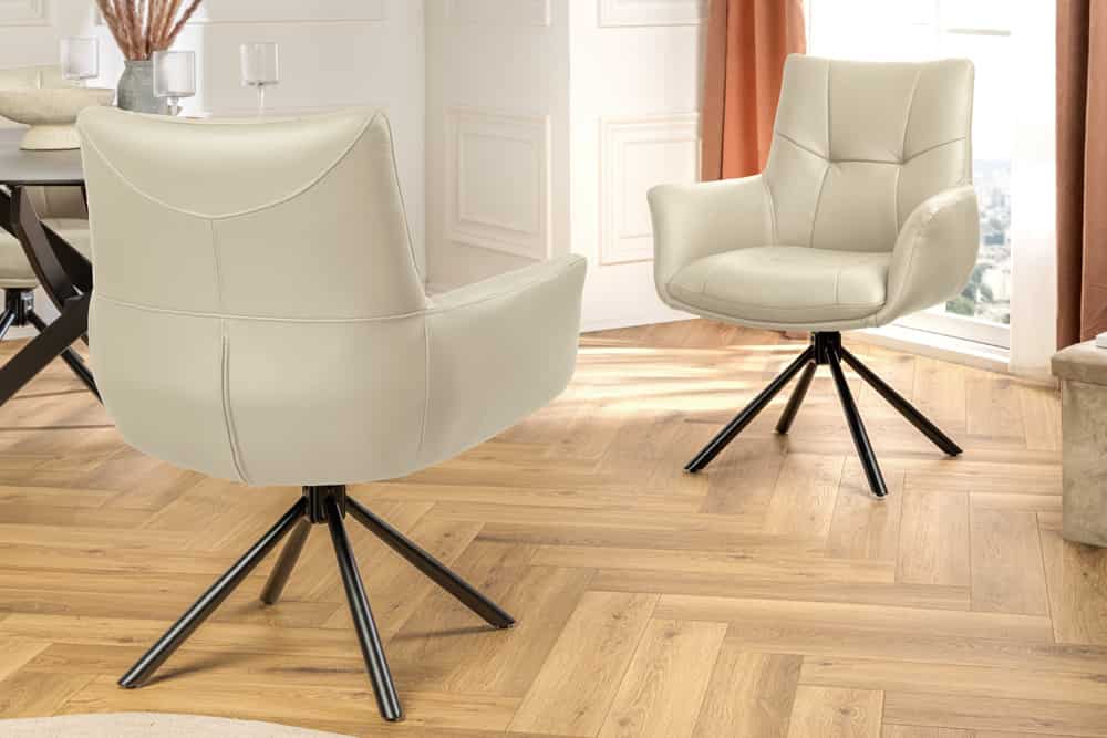 Drehbarer Design Stuhl SIGNATURE beige Echtleder 360° Taschenfederkern schwarz Metall