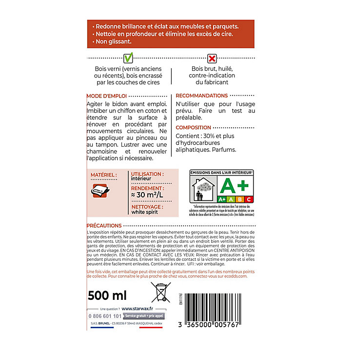 Rénovateur bois cirés et vernis Starwax 500 ml