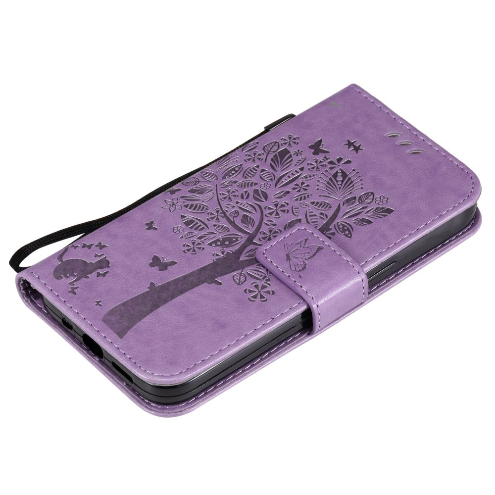 iPhone 14 Leder Tasche Flip Cover Baum Imprint - Lila