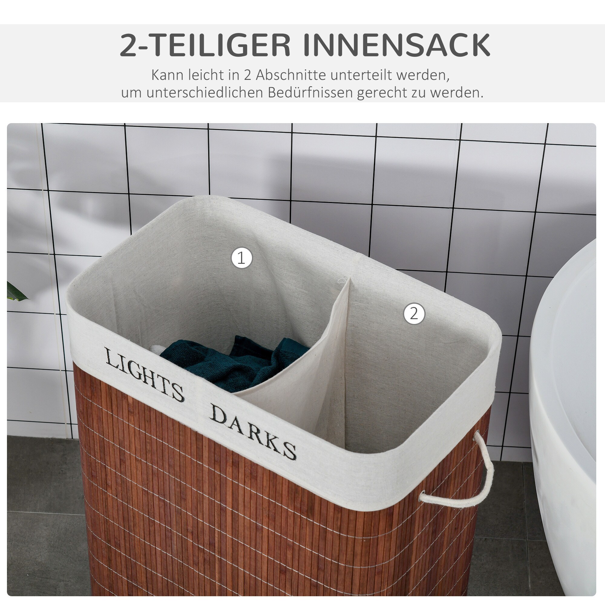 Outsunny Wäschekorb 2 große Fächer, Bambusschale Braun, Weiß 52 x 32 x 63 cm (LxBxH)