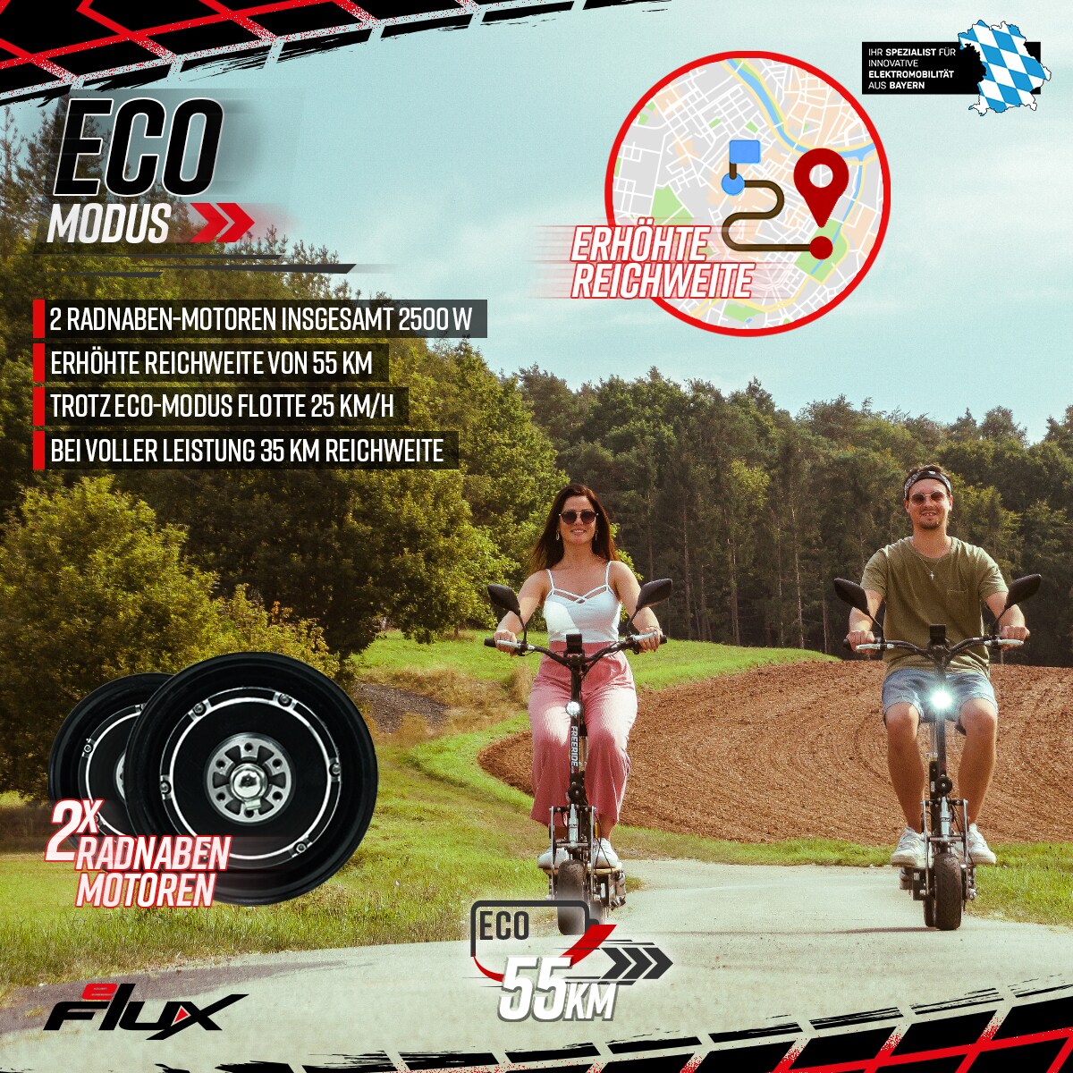 eFlux Freeride X2, E-Scooter mit Straßenzulassung, Hub-Version, Sitz, 2500 Watt, 45 km/h, Easy-Fold (Schwarz)
