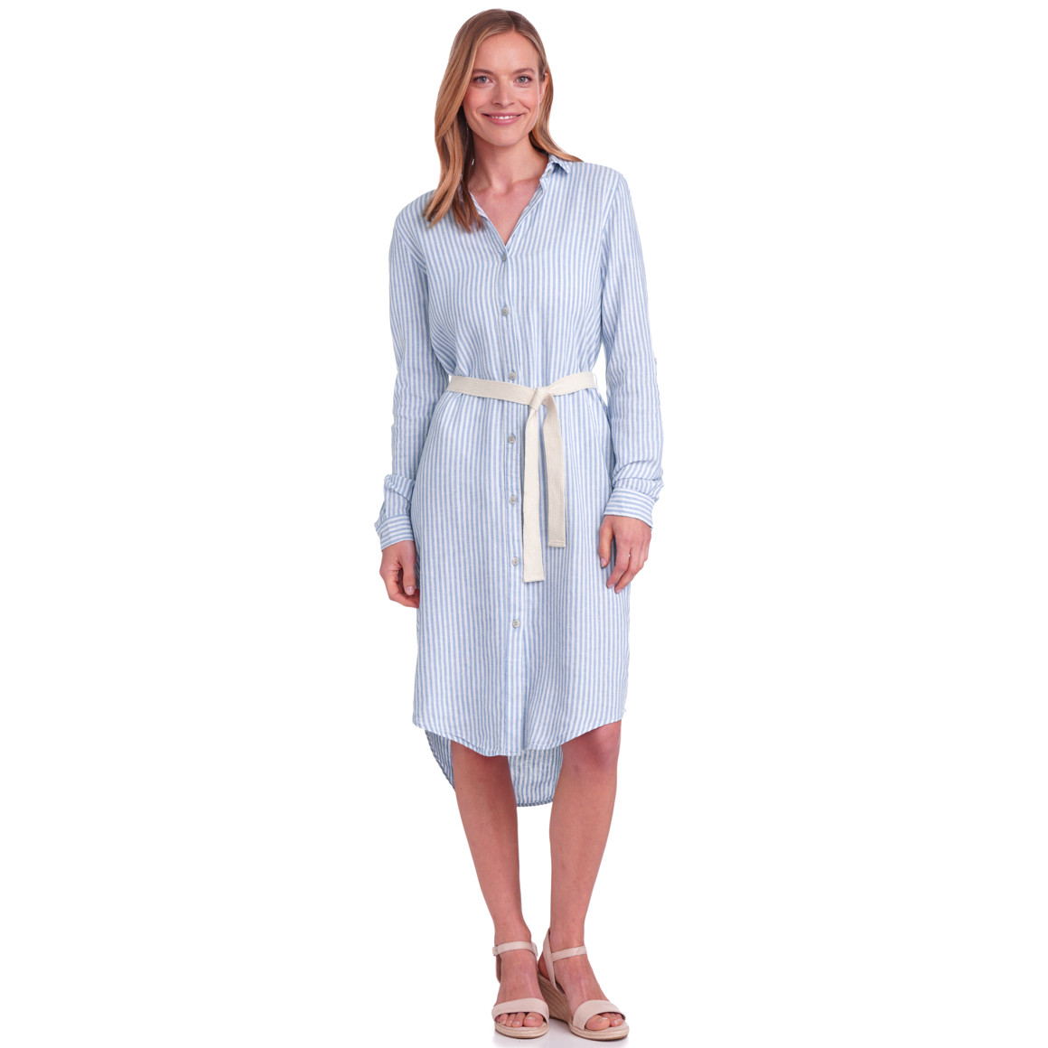 Gina Benotti Damen Leinen-Kleid mit Bindegürtel hellblau / weiss
