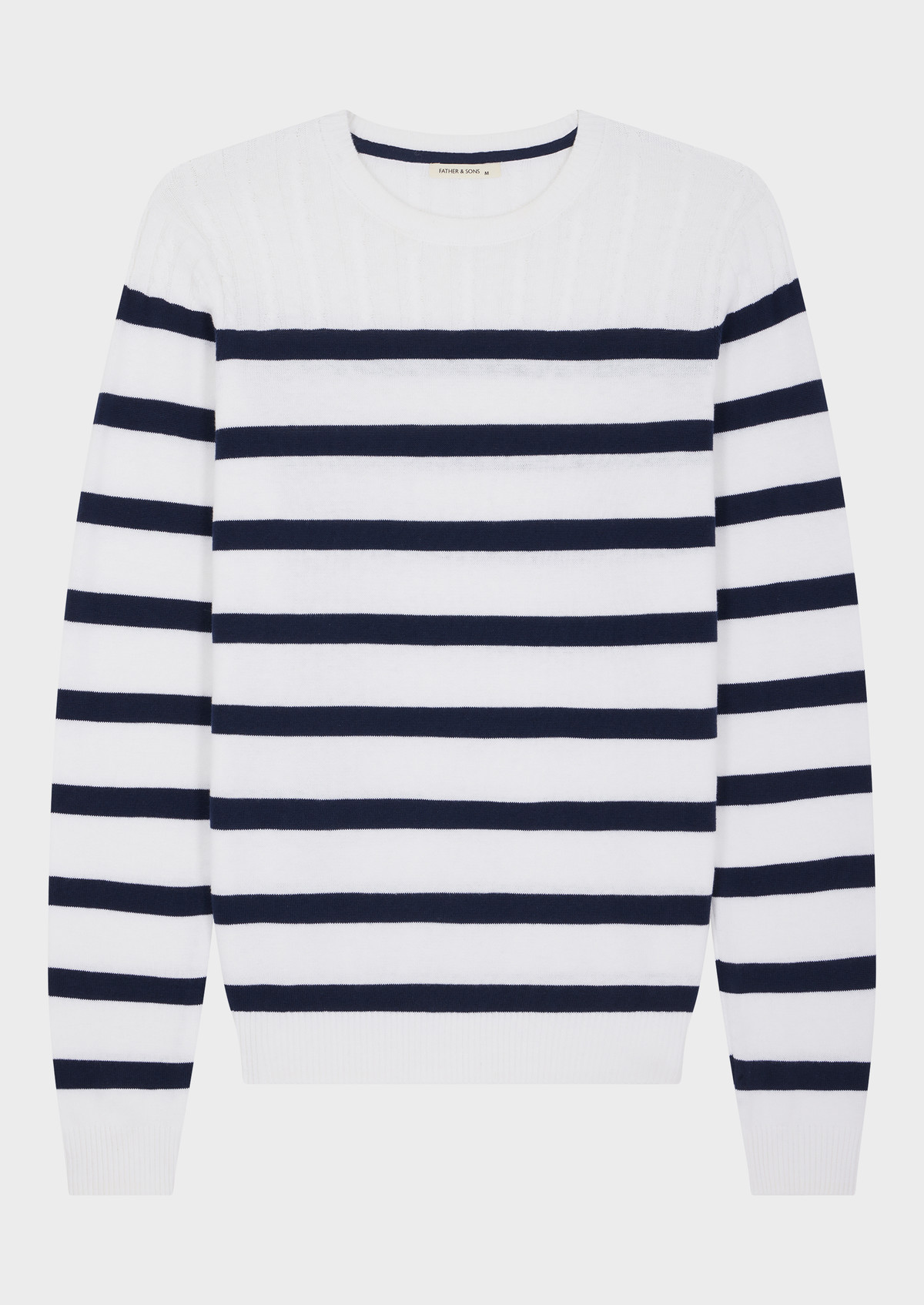 Pull col rond en coton blanc à rayures bleu marine