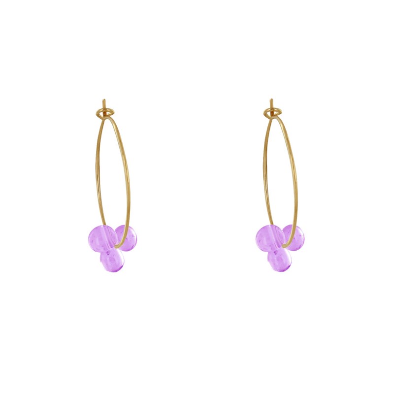Boucles d'Oreilles Créoles Laiton Fermée et Bouquet de Perles de Verre