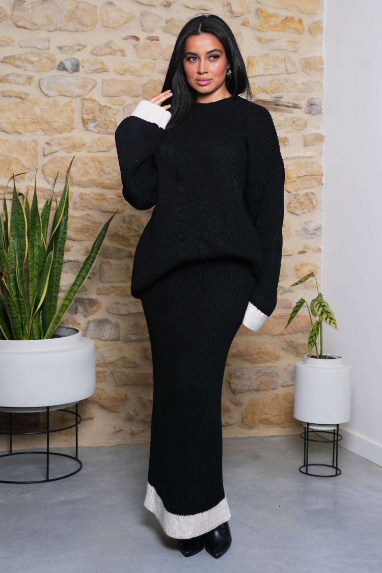 Ensemble 2 pièces pull + jupe bicolore noir et beige