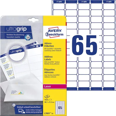 Avery Zweckform L7651-25 Adress-Etiketten,A4 mit ultragrip,38,1 x 21,2 mm, 25 Bogen/1.625 Etiketten, weiß