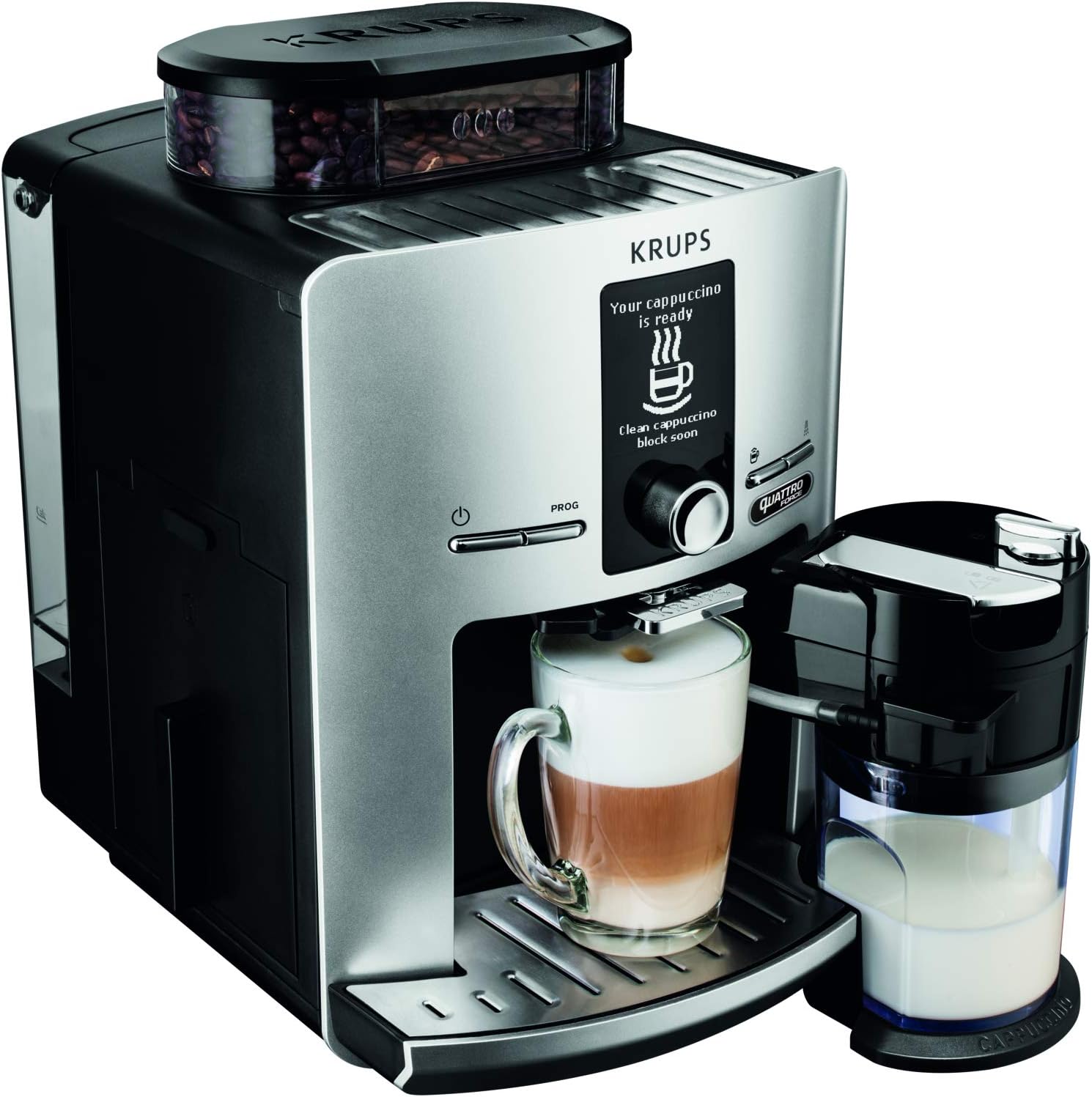 Krups Machine à café grain, 2 expressos simultanés, Ecran LCD, Cafetière espresso compacte, Nettoyage automatique, Buse vapeur pour Cappuccino, Essential noire YY8135FD, Noir