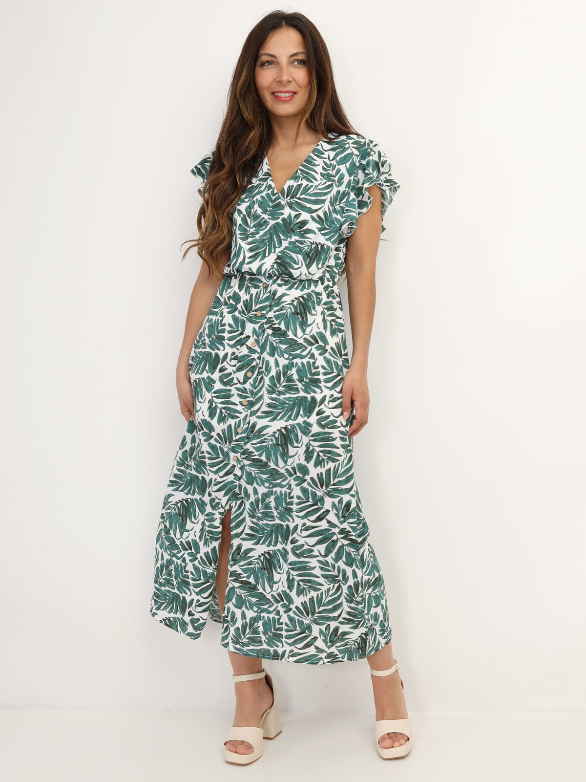 Robe longue cache cœur à imprimé feuilles- Vert