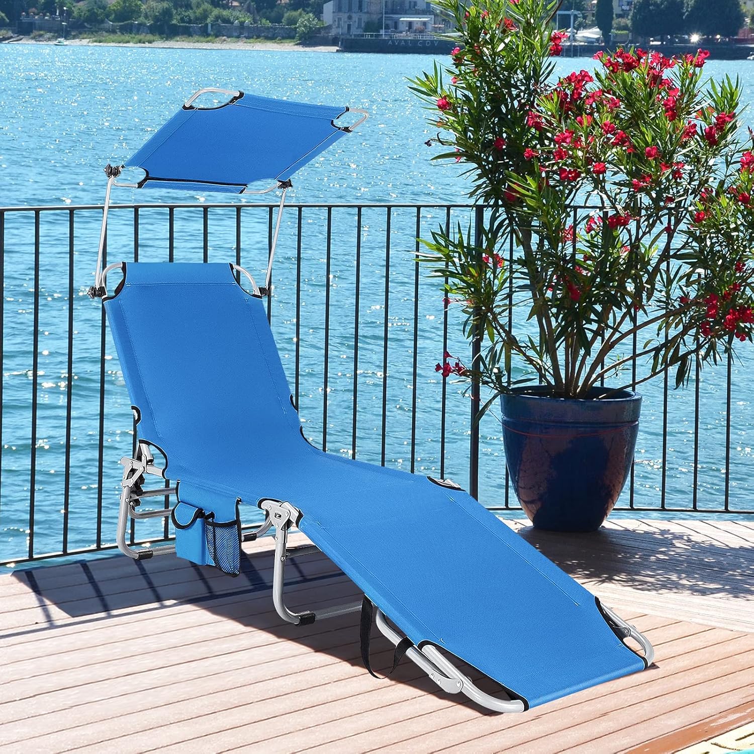 GIANTEX 2er Set Sonnenliege mit Dach, Gartenliege klappbar, Campingliege Strandliege Verstellbarer Rückenlehne, Liegestuhl mit Seitentasche, Liege Reiseliege bis 150 kg belastbar Relaxliege (Blau)