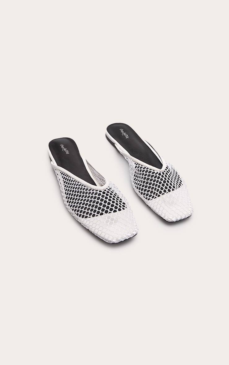 Blanc Ballerines Mules À Découpe En V En Résille