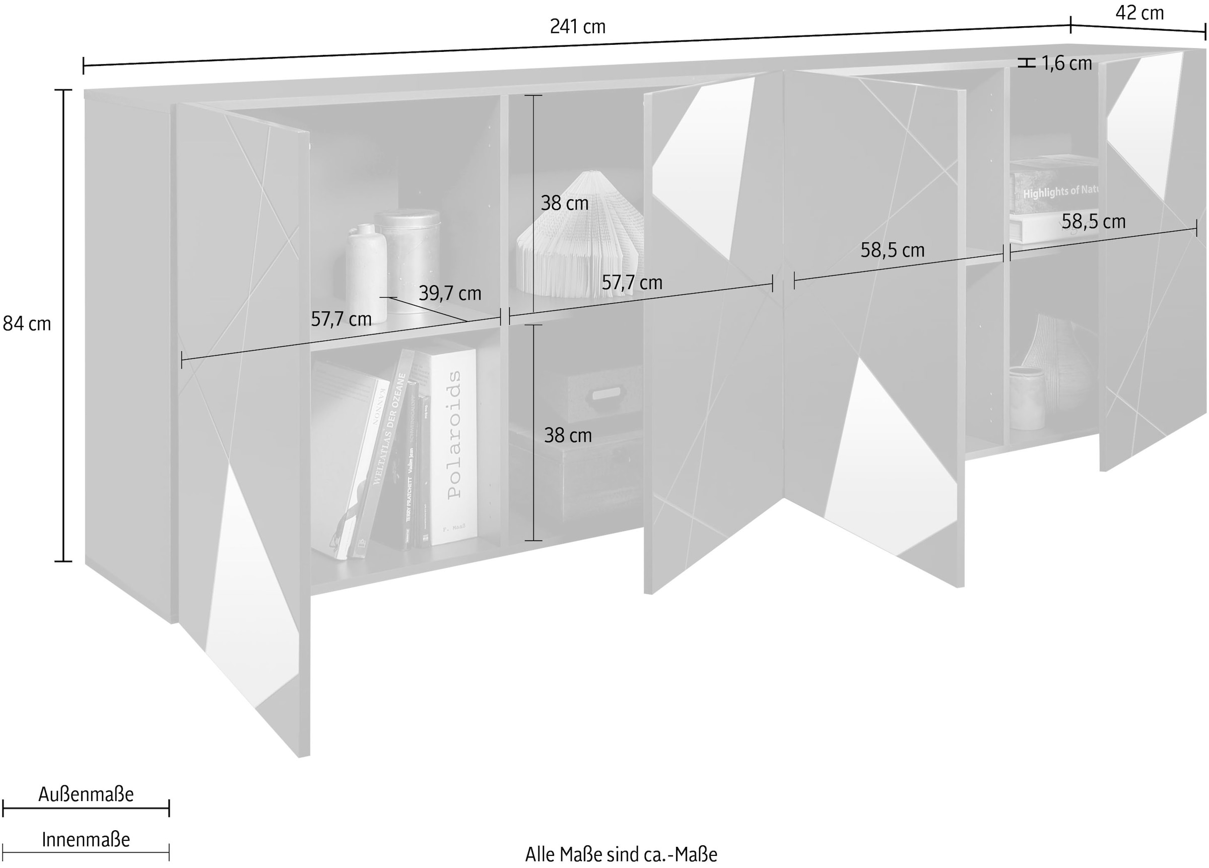 INOSIGN Sideboard »Vittoria, Breite 241 cm, 4 Türen« Fronten mit Siebdruck und Spiegelfront