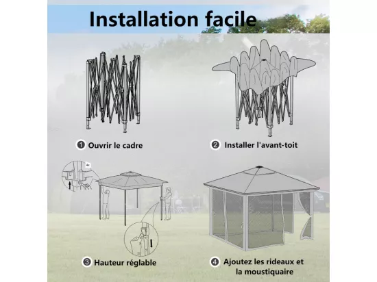 Tonnelle Portable 3 x 3 m, Pop-up, avec LED solaire, 4 rideaux, double toit, hauteur réglable, sac de rangement avec roues