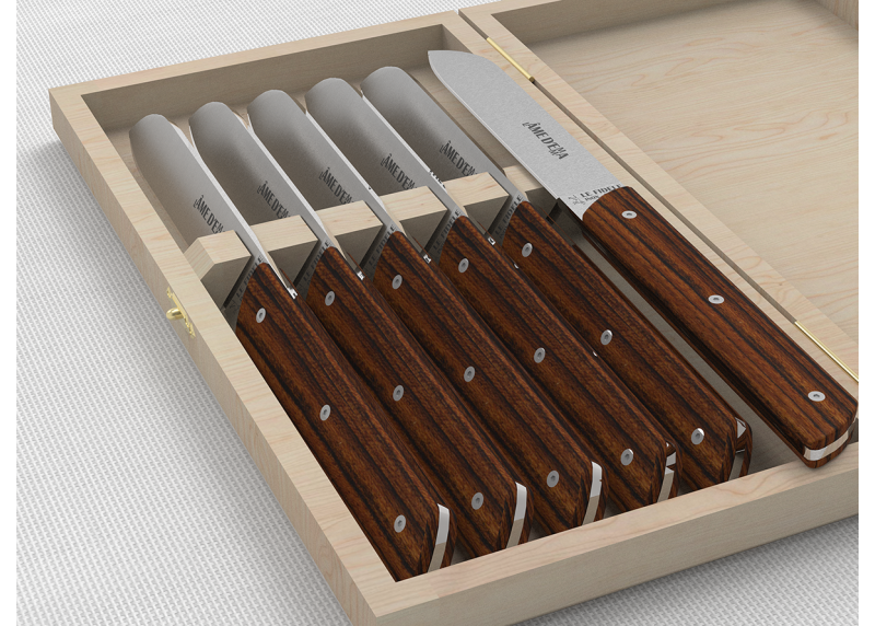 Service de 6 couteaux de table avec un manche en bois de bocote et lame en acier inoxydable