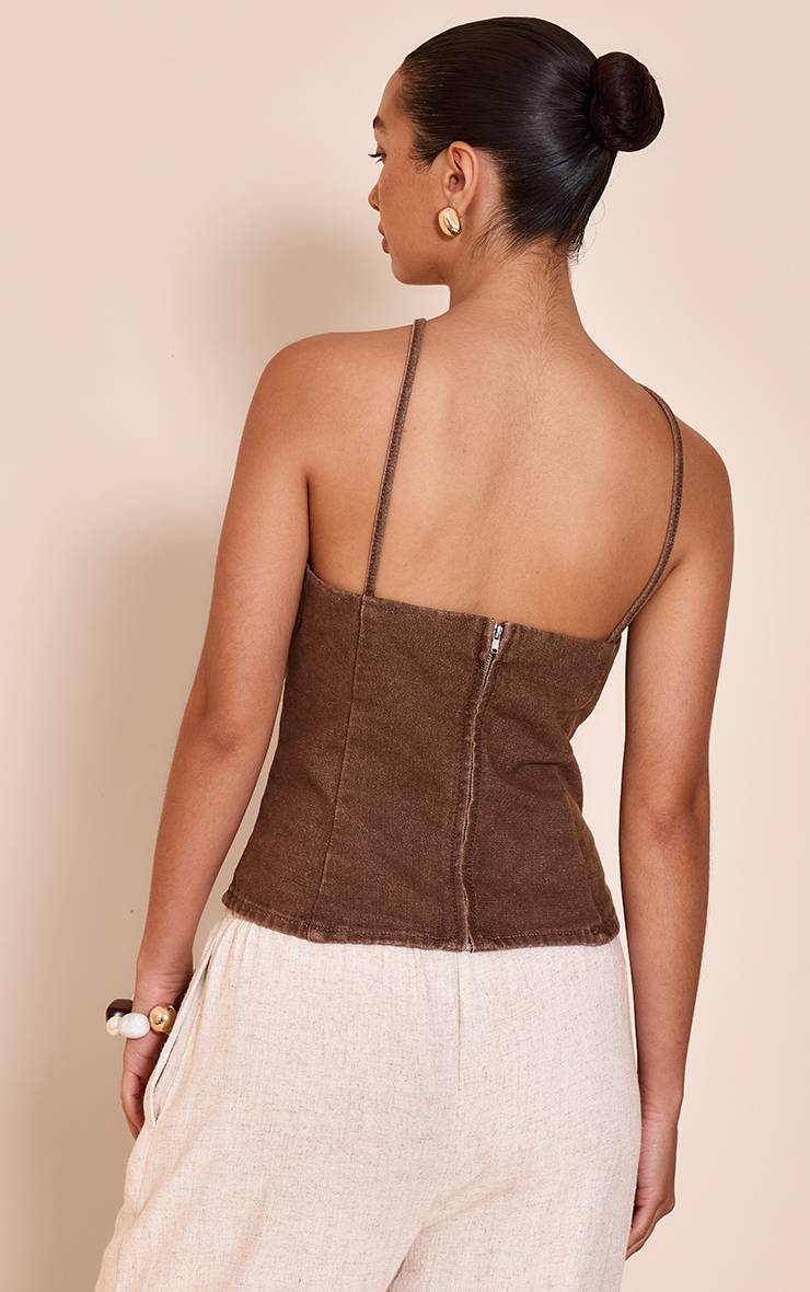 Washed Brown Top En Denim Stretch À Col Licou