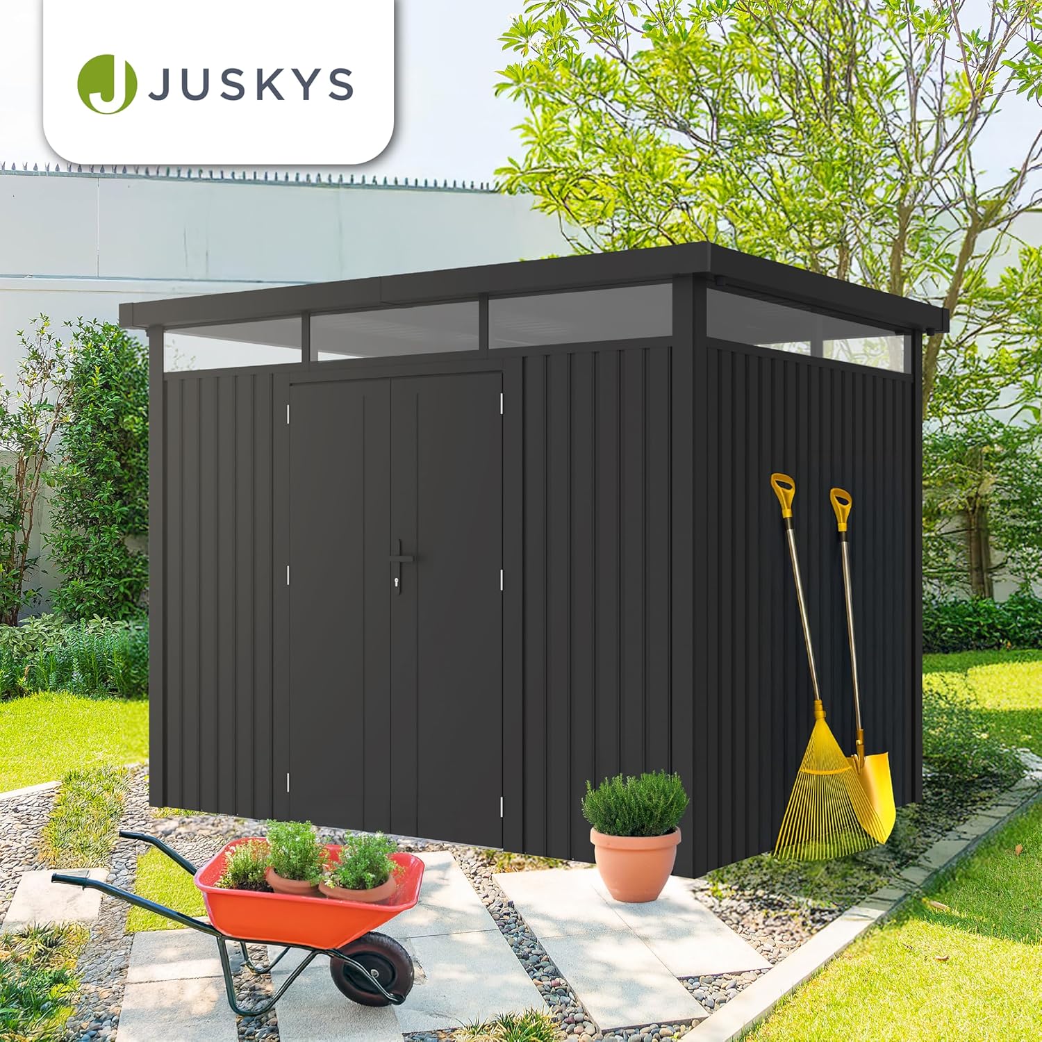 Juskys Gerätehaus Luzern Pro 6,8 m² - Metall Geräteschuppen mit Türen & Fenstern - wetterfest & abschließbar - Fahrradgarage, Gartenhaus - Anthrazit