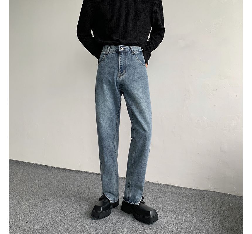 Freehop - Hoge taille, gewassen rechte jeans met zijsplit