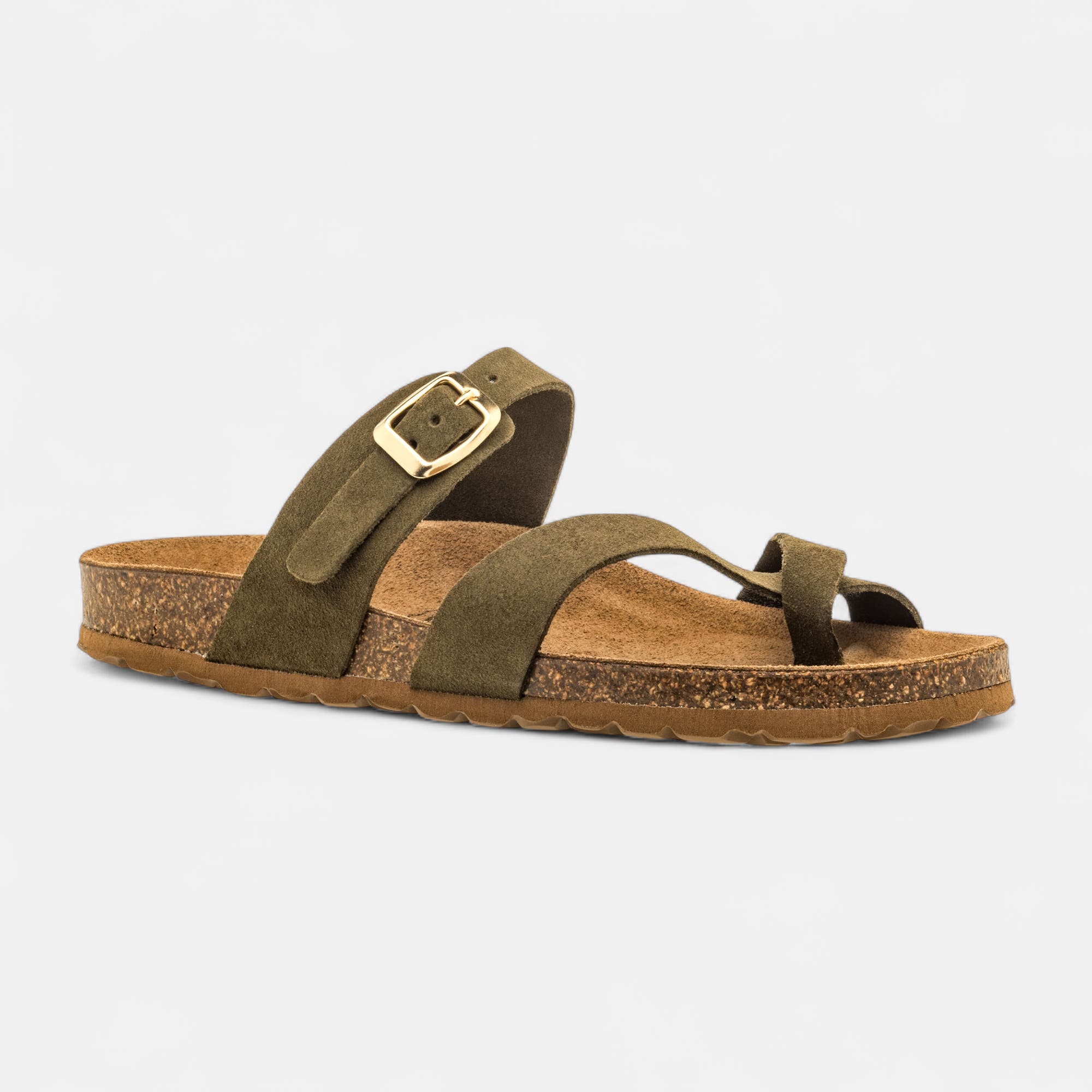 Mules semelle liège Femme en cuir kaki