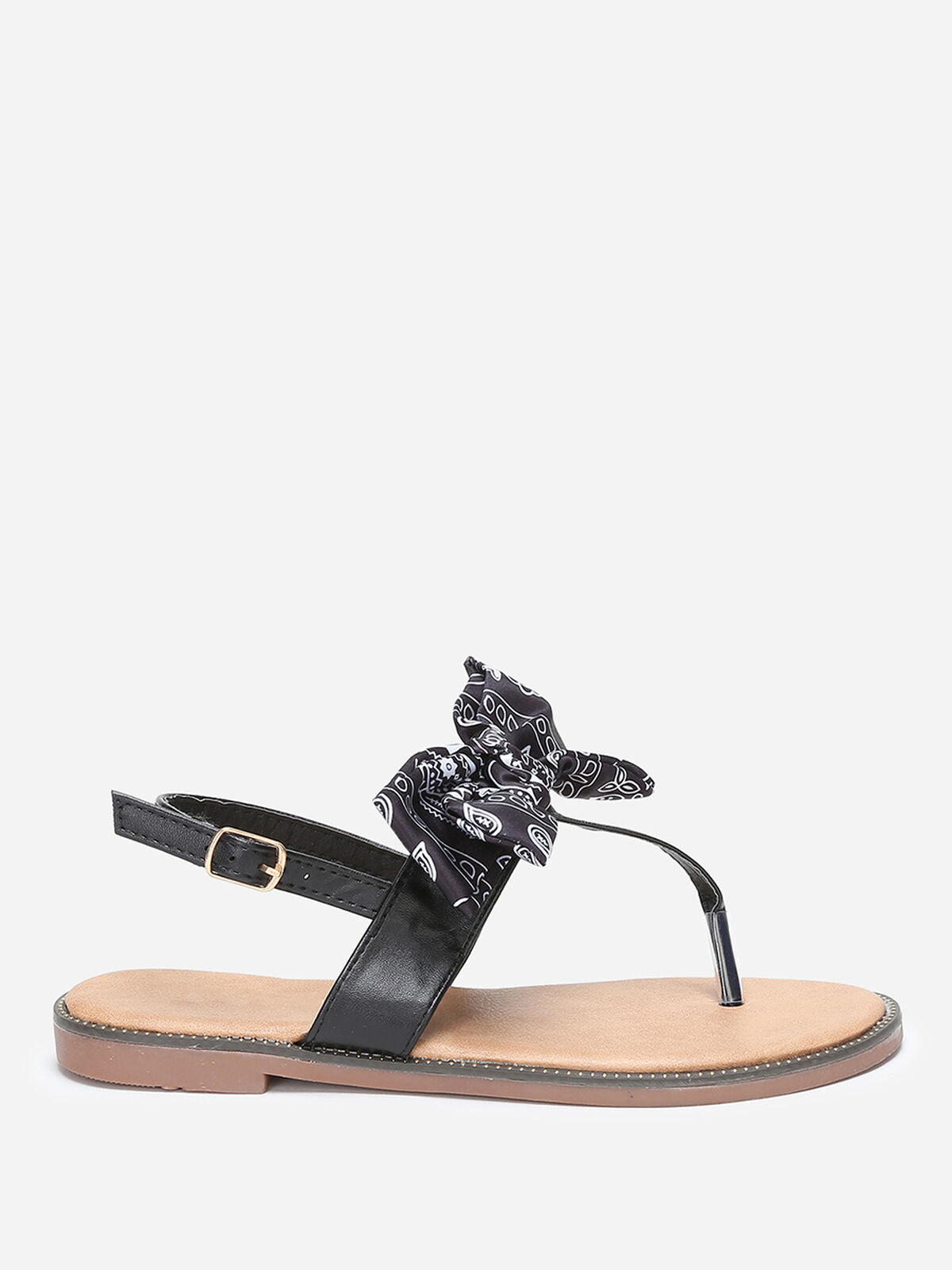 Nu-pieds à nœud en tissu imprimé- Noir