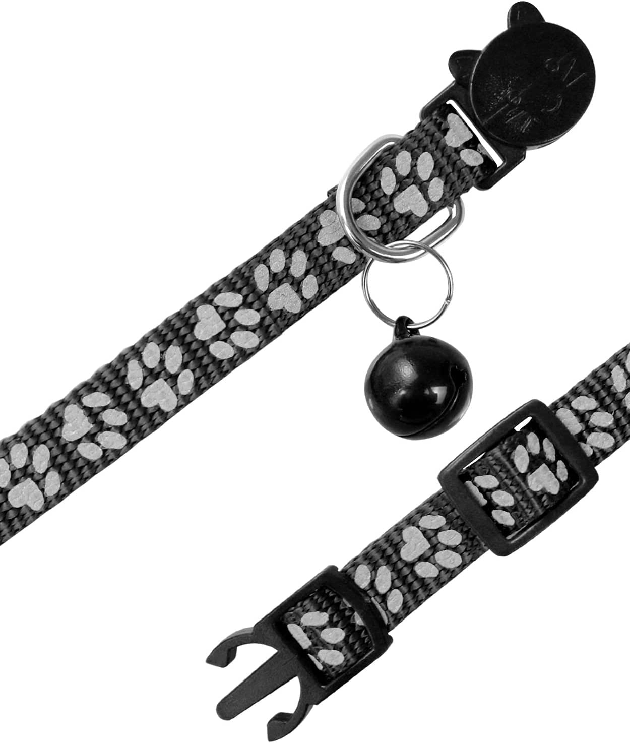 Verstellbares Katzen Halsband mit Reflektor Pfoten   Glöckchen - Schwarz