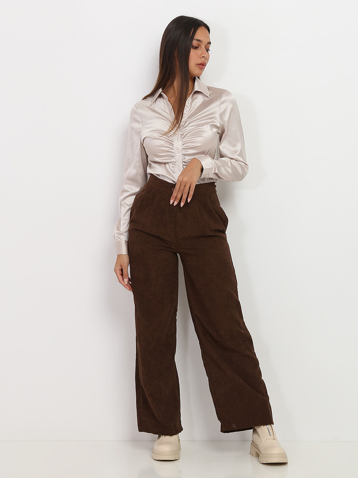 Pantalon large en velours côtelé- Marron