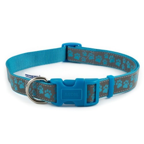 Coleira ajustável de nylon com estampa de pata para cães, azul