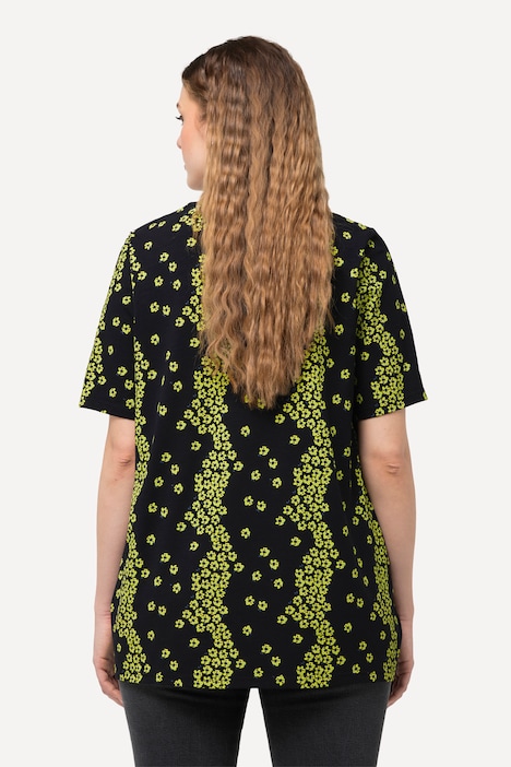 T-Shirt, Blüten, Zierfalten, V-Ausschnitt, Halbarm