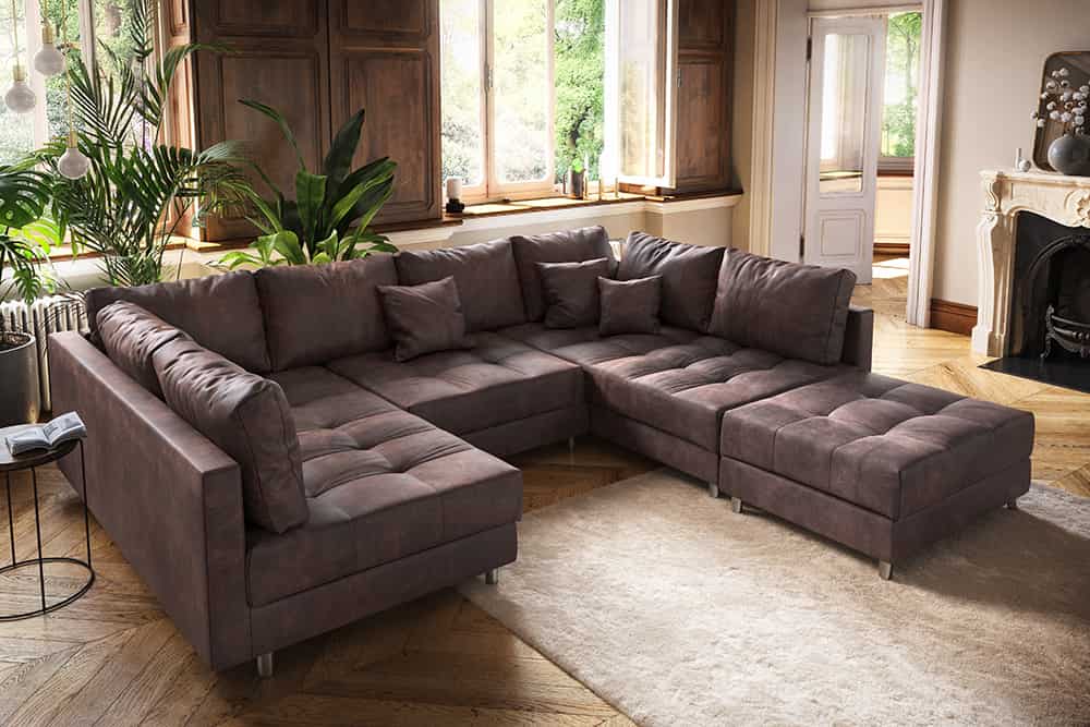 Moderne XXL Wohnlandschaft KENT 305cm antik braun Federkern Bigsofa inkl. Hocker