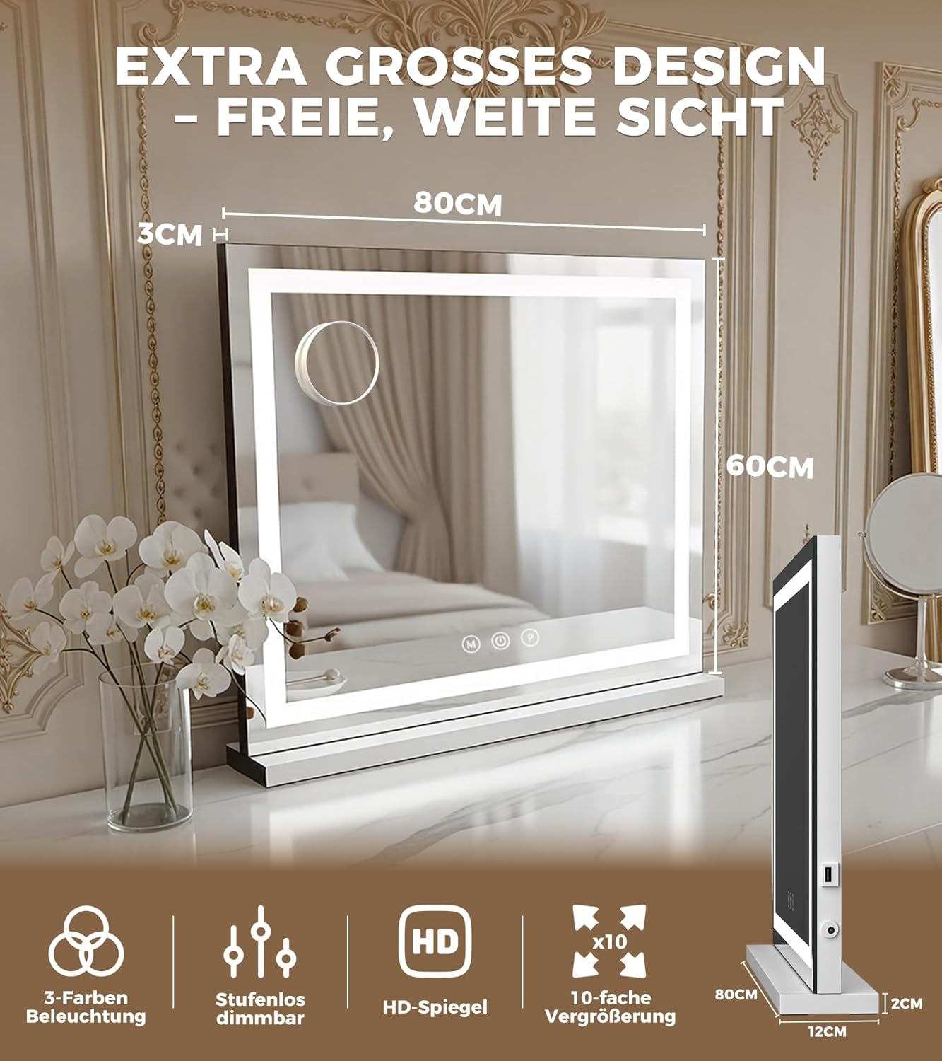 Schminkspiegel mit Beleuchtung 80x60cm, LED Kosmetikspiegel mit 3 Lichtmodi, Dimmbar, 10X Vergrößerung & USB-Anschluss, ideal für Schlafzimmer & Schminktisch (Lichtband 80×60cm)