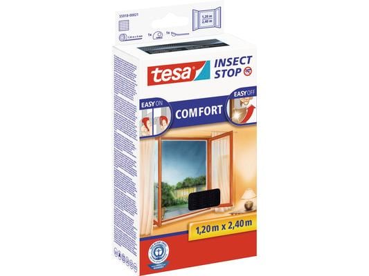 tesa Fliegengitter -Set Comfort, 2x 1.2 m x 2.4 m, Anthrazi Insektenschutz Insect Stop mit selbstklebendem Klettband für bodentiefe Fenster, 2er-Pack