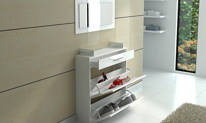 Jet-Line Schuhschrank in weiss hochglanz mit Spiegel und Glasablage