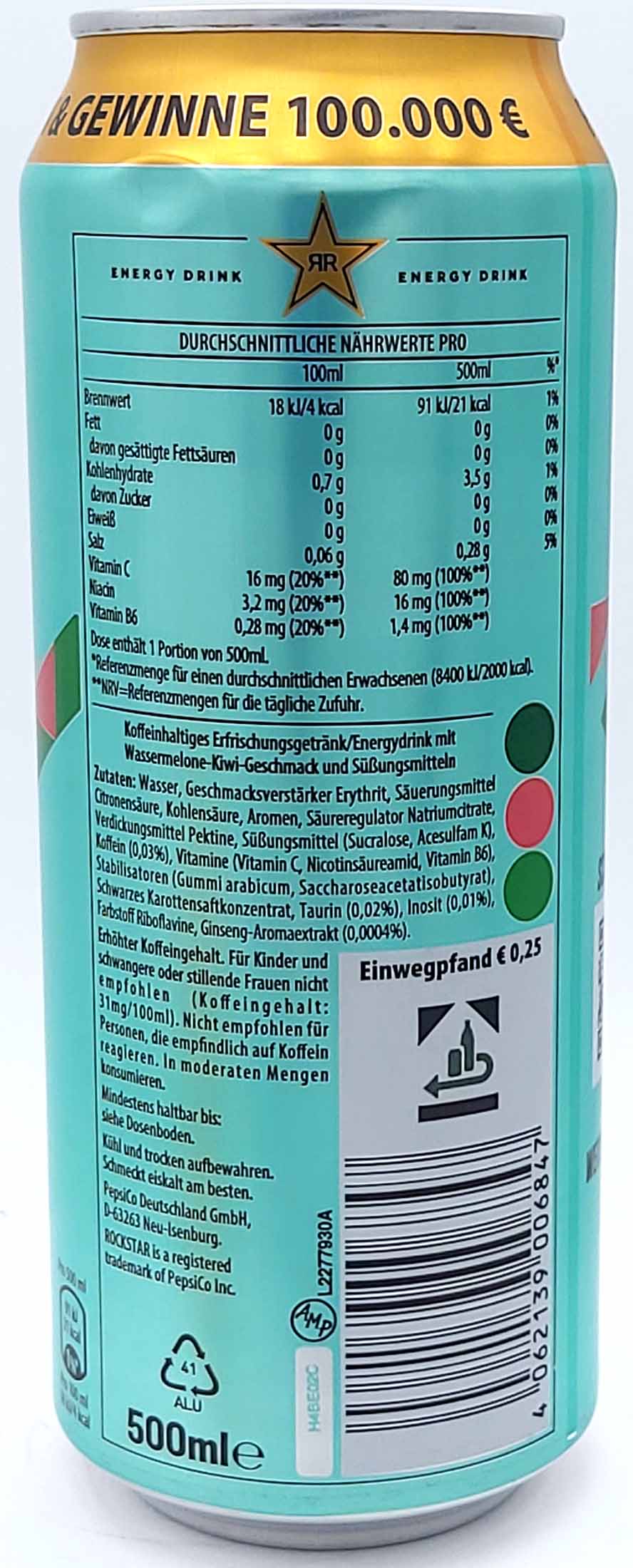 Rockstar Energy Drink Zero Sugar Watermelon Kiwi Flavour Dosen 12x500ml=6L MHD:16.7.25