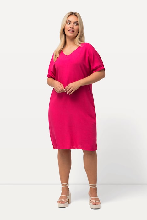 Kleid, Leinenmix, Oversized, V-Ausschnitt, Halbarm