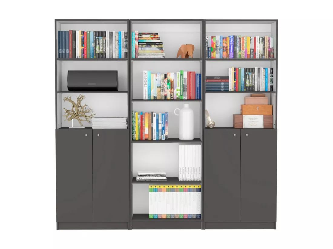 Bibliothèque de bureau en mélamine 3 pièces avec étagères et 2 portes, 180,6 cm X 188,4 cm X 29,9 cm , Multicolore
