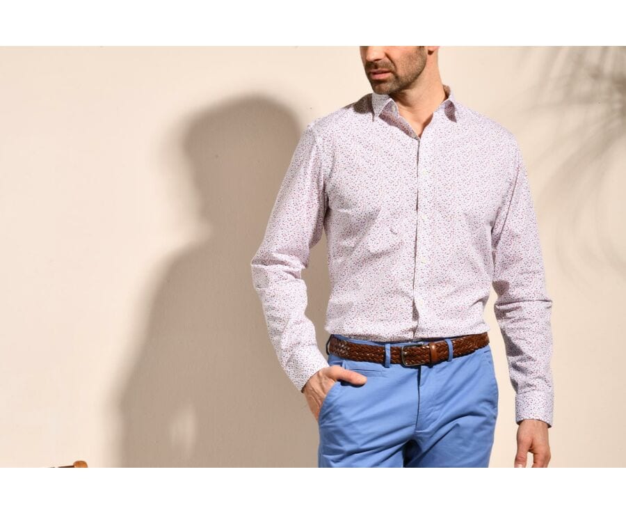 Chemise blanche coton imprimé bleu, rouge et taupe - RODRIGUES