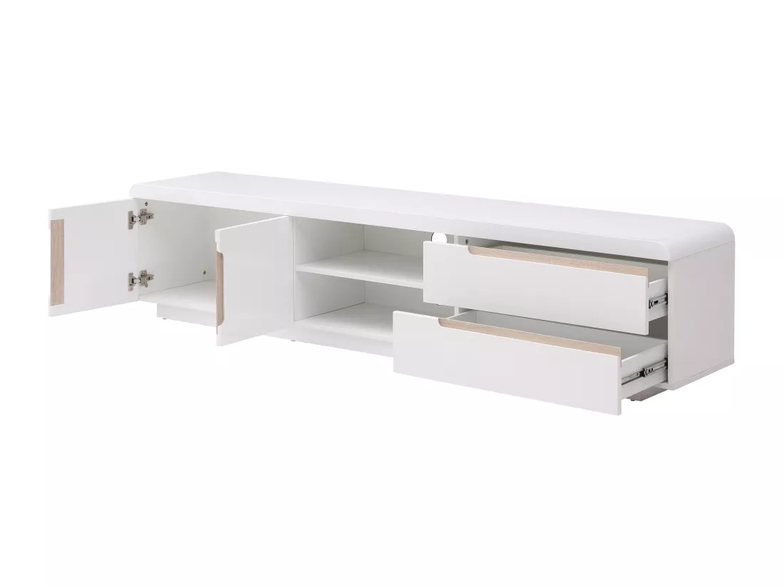 Meuble TV avec 2 portes, 2 tiroirs et 2 niches - Blanc et naturel - NURINI