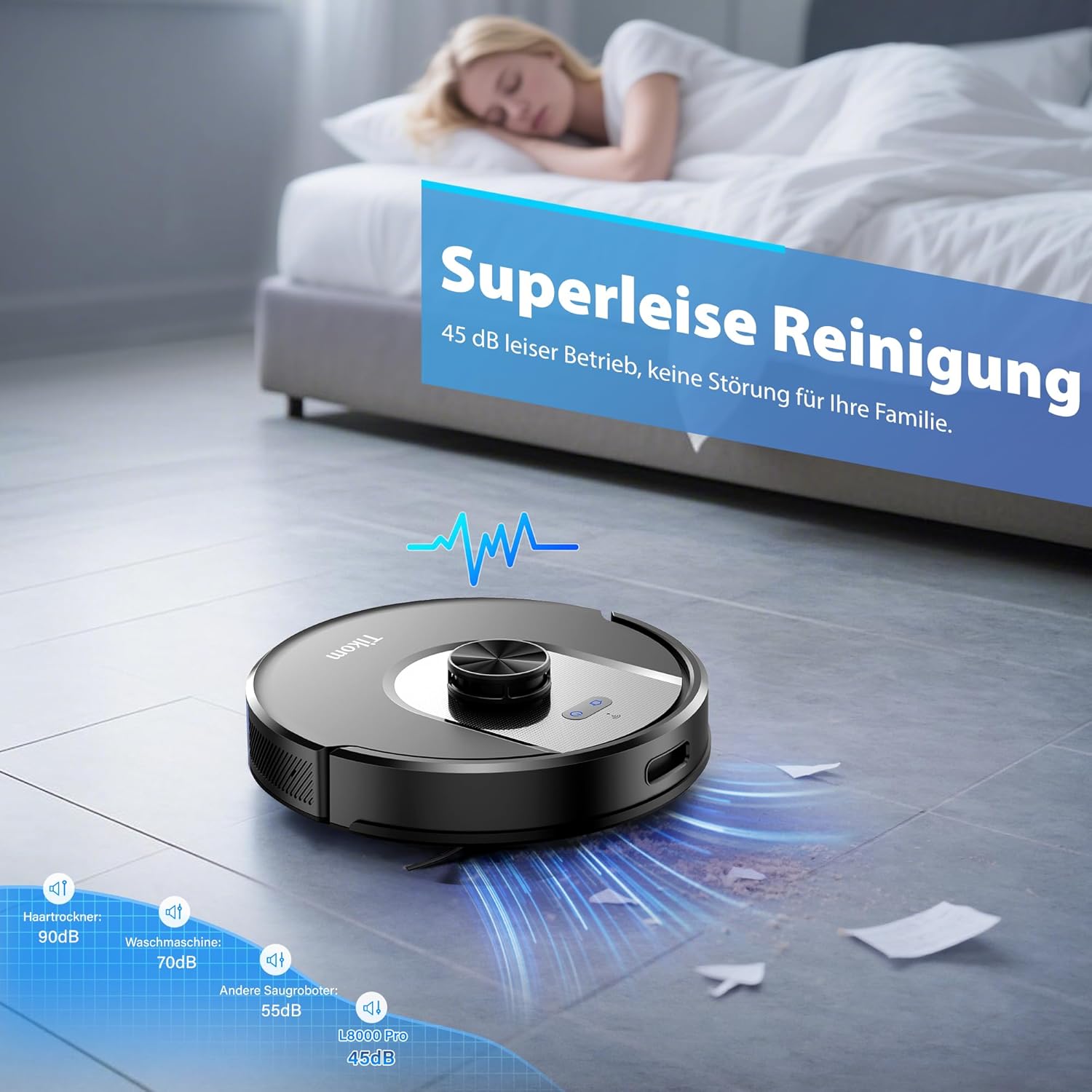 Tikom Saugroboter mit Wischfunktion, 6000Pa Staubsauger Roboter mit LiDAR Navigation, 150Min Max, APP Steuerung, 14 No-Go-Zonen, Saug und Wischroboter für Tierhaare, Teppiche und Hartboden(L8000 Pro)