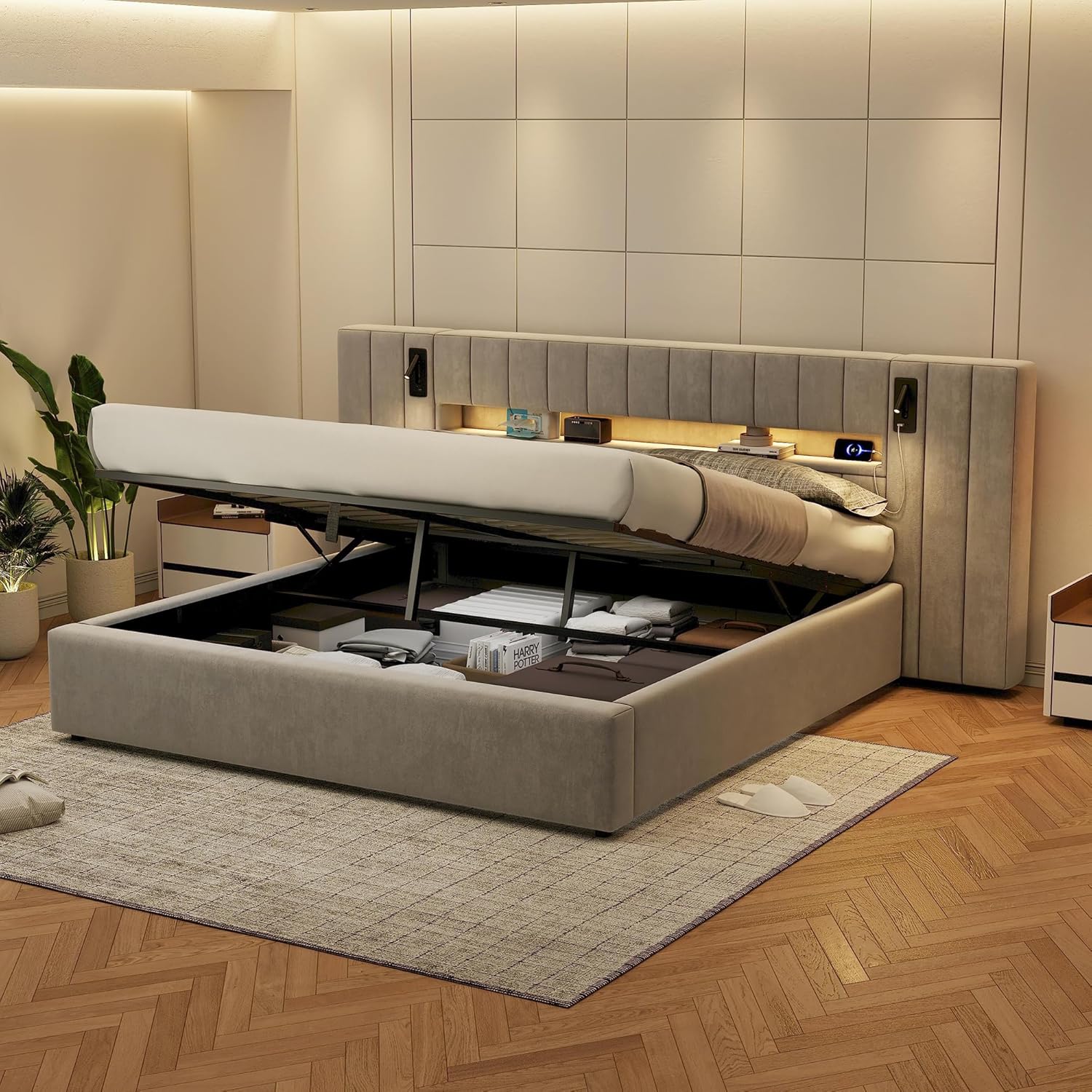 Kayan Polsterbett 180x200cm, Boxspringbett mit hydraulisches Bettkasten, Doppelbett mit LED-Kopfteil und Lattenrost, Leselicht mit USB Aufladen, Stauraumbett Jugendbett Bettgestell, Samt