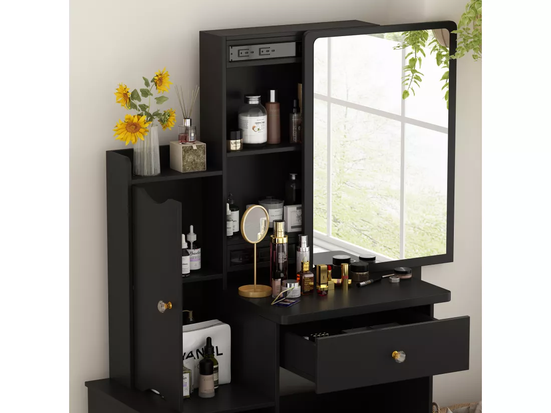 Coiffeuse avec miroir et 4 tiroirs Tabouret 90x40x135cm Noir