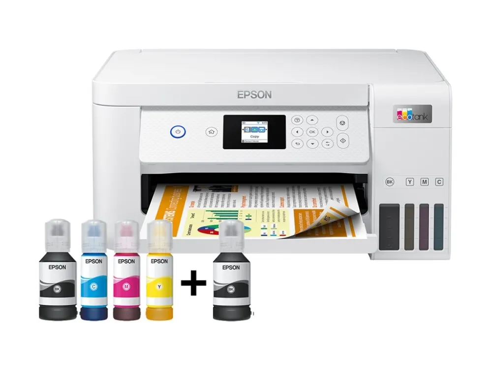 Epson EcoTank ET-2856 - Multifunktionsprinter - farve - blækprinter - kan genopfyldes - A4 (medie) - op til 10.5 spm (udskriver) - 100 ark - Wi-Fi, USB - hvid