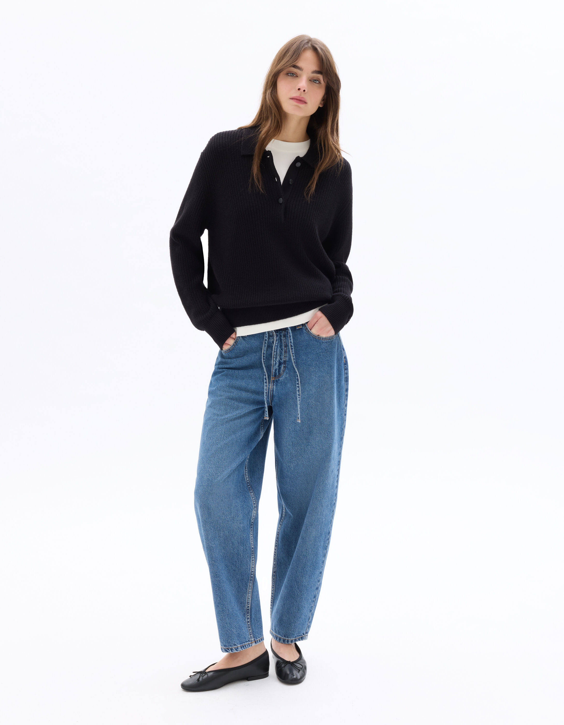 Jean barrel 100% coton avec ceinture - bleu foncé