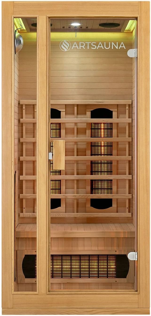 Artsauna Infrarotkabine Nyborg S90V - Infrarotsauna Vollspektrumstrahler, LED-Farblicht & große Glastür - Wärmekabine für 1 Person 90x90 cm