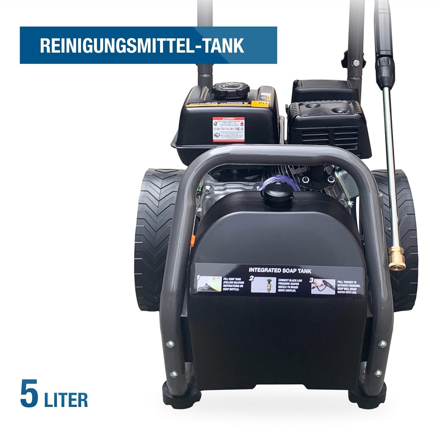 HYUNDAI Benzin-Hochdruckreiniger HYW3400P | max. 234 bar - 540 l/h (9 m³/min) | 3.7 kW / 5.0 PS Benzinmotor | verstärkter 10m Schlauch, 5 Düsenaufsätze | 5 L Reinigungsmitteltank