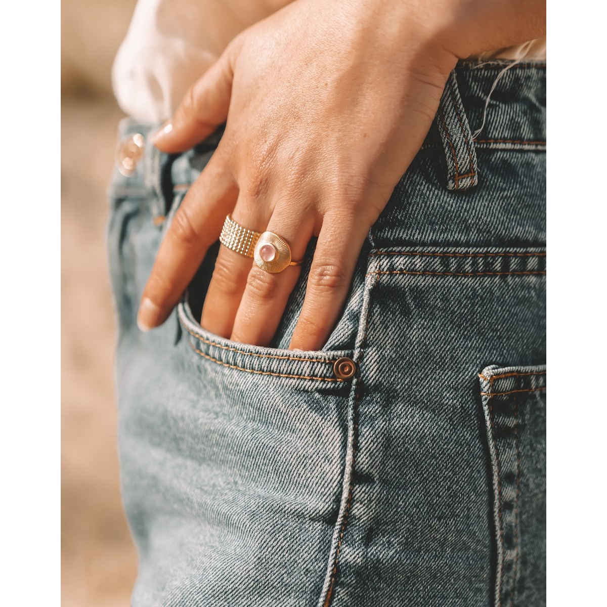 Bague Plaqué Or Tendance Pierre Precieuse Fine Quartz Rose