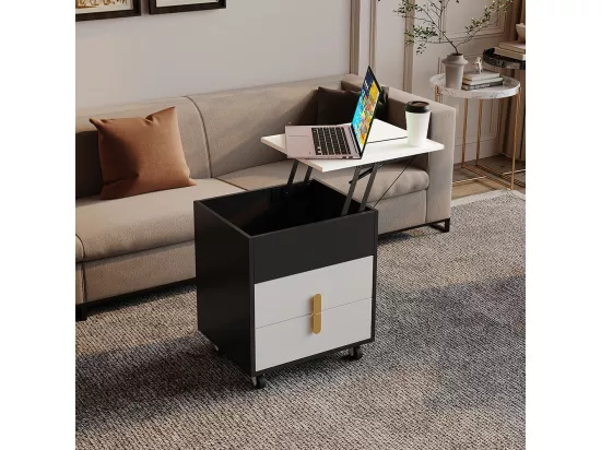 Table de chevet avec port de charge USB, table relevable, poulies amovibles, deux tiroirs, noir + blanc