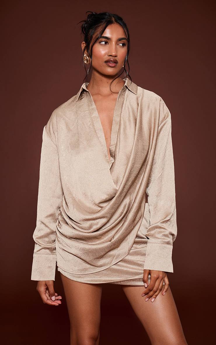 Gris Pierre Ensemble Jupe Courte Satinée Texturée Froncée