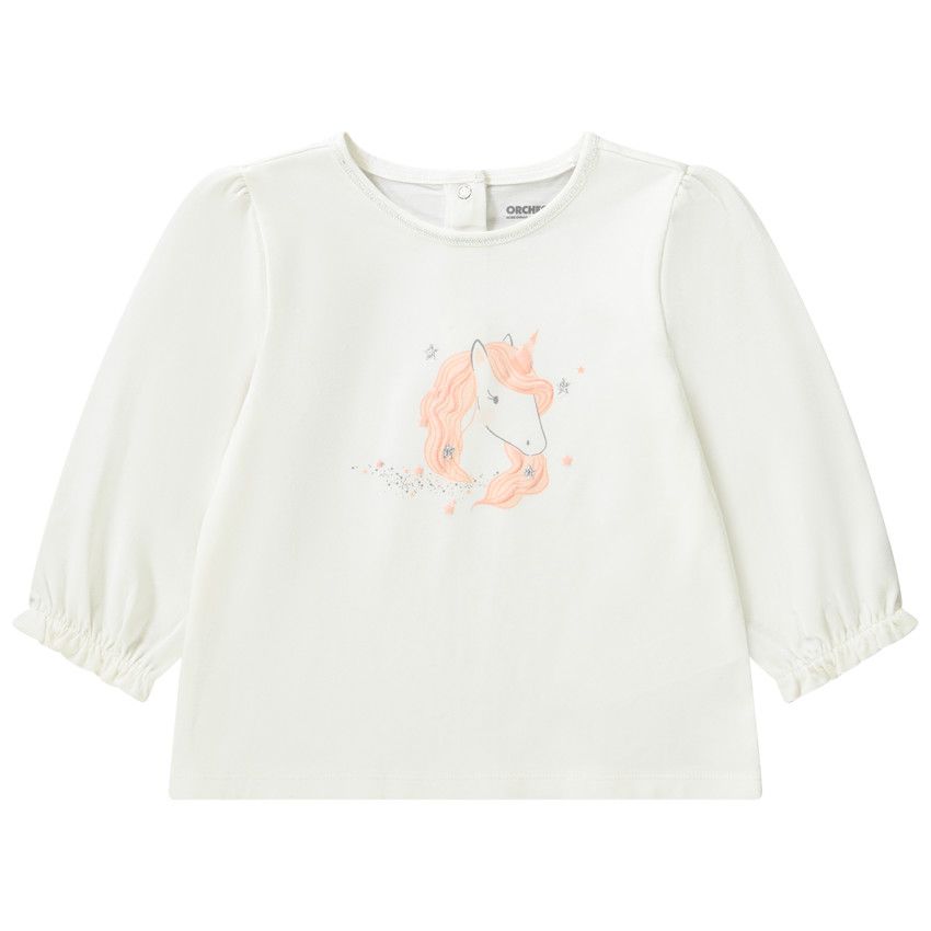 T-shirt manches longues print licorne pour bébé fille - Ecru