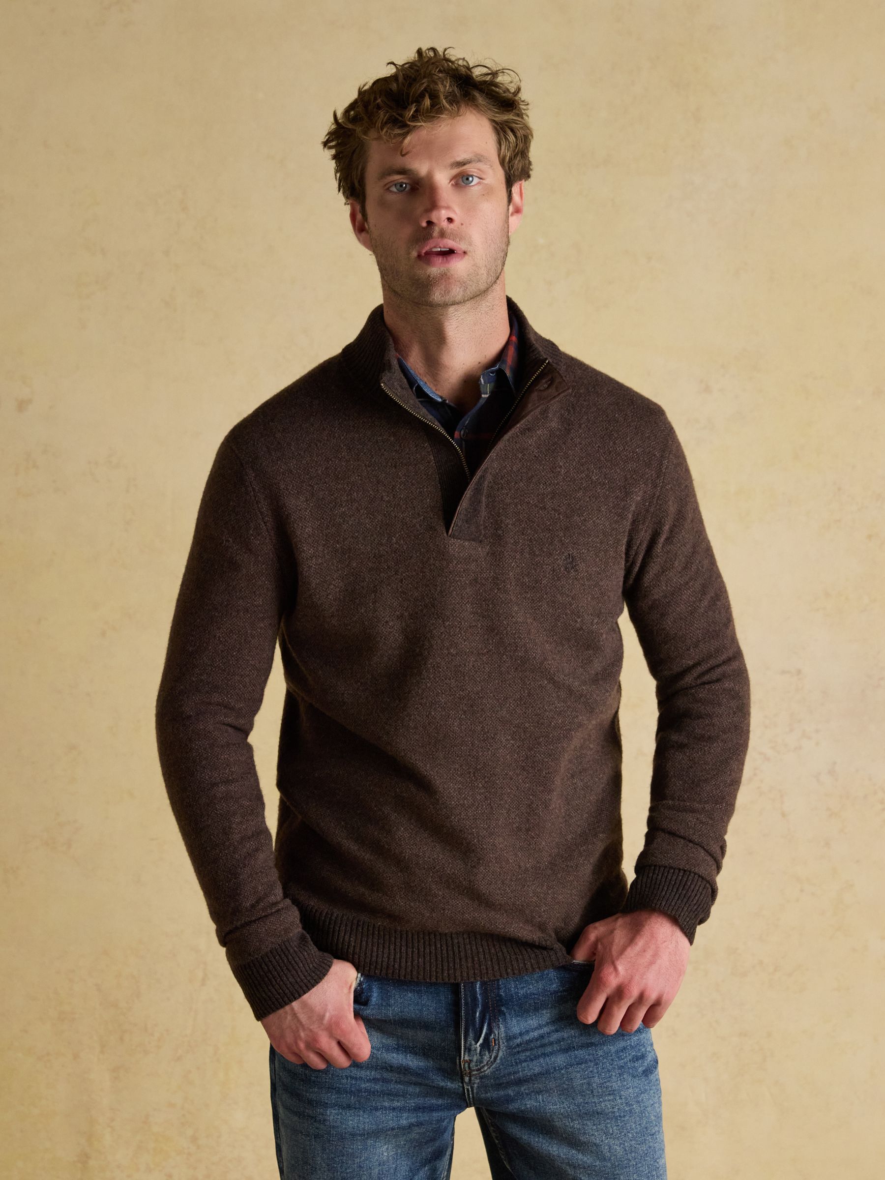 Bruin - Joules Highland Wool-Rich Button Quarter Zip Jumper